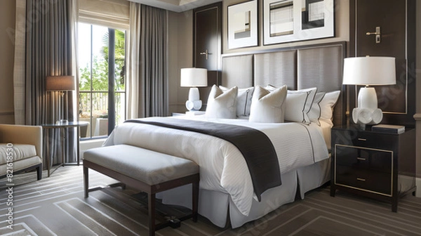 Obraz A large bed with a white pillow and a black blanket