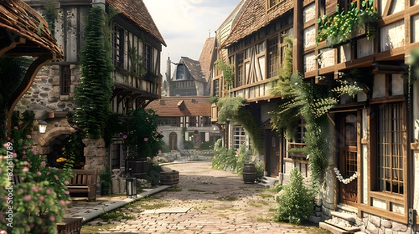 Obraz A small town with a cobblestone street and old buildings
