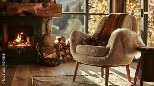 Obraz A cozy living room with a fireplace