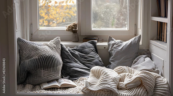 Obraz A cozy bedroom with a window and a white comforter