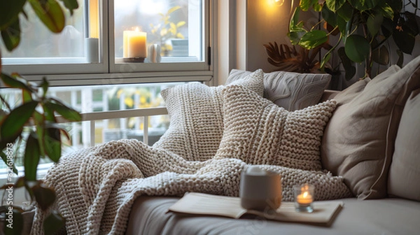 Obraz A cozy living room with a white blanket draped over a couch, a book on the couch