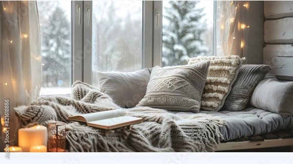 Obraz A cozy bedroom with a bed covered in blankets and pillows