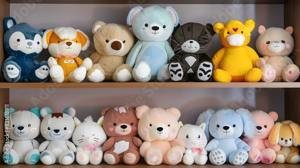 Obraz A shelf full of stuffed animals, including bears, cats, and dogs