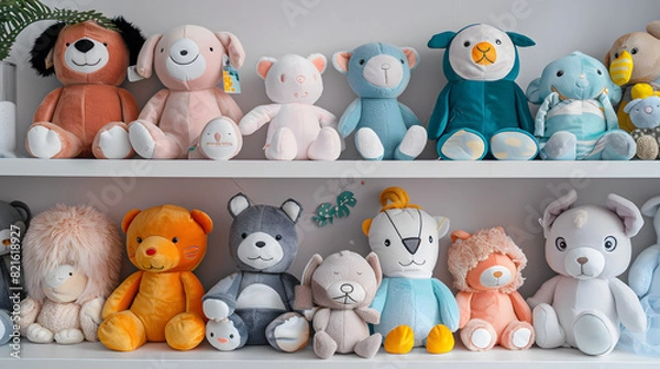 Obraz A shelf full of stuffed animals, including a variety of teddy bears