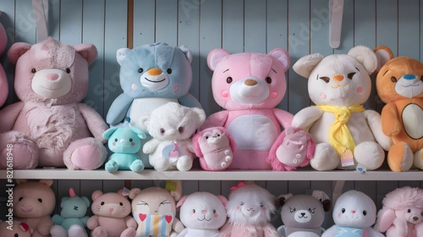Obraz A shelf full of stuffed animals, including teddy bears