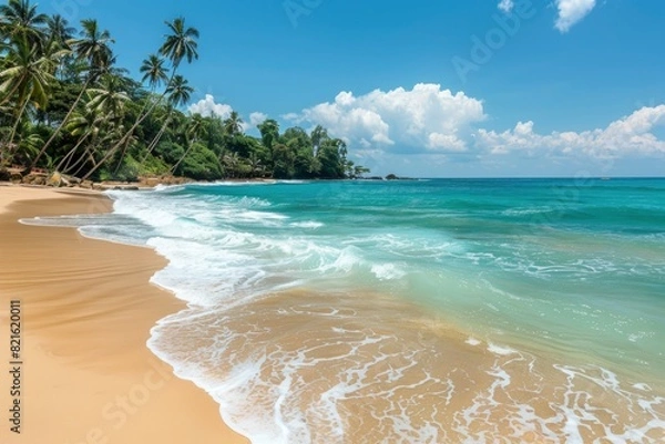 Fototapeta A beautiful beach with a blue ocean and palm trees in the background