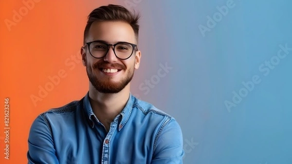 Fototapeta Cheerful Young Professional in Casual Attire Smiling at in Modern Workspace