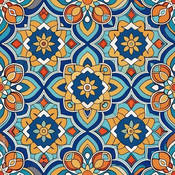 Obraz Seamless pattern of intricate tile designs inspired by Moroccan and Mediterranean architecture, adding a touch of exotic elegance to your gift wrap, Generative AI
