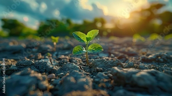 Fototapeta A parched landscape with a single green plant struggling to thrive conceptual illustration of the impacts of climate change on biodiversity and ecosystems.