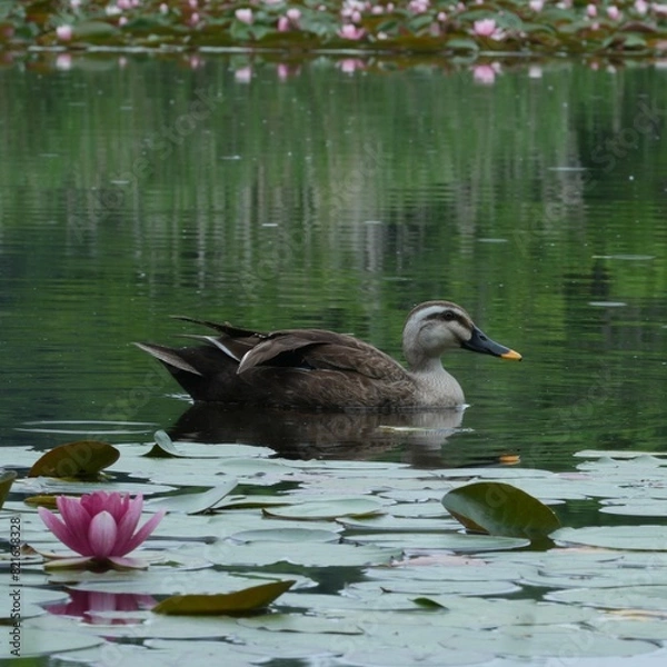 Fototapeta 静か水面に泳ぐかるカモ