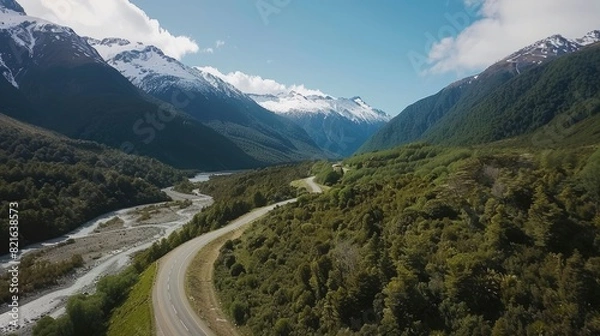 Obraz A mountain range with a winding road that runs through it. The road is surrounded by lush green trees and a river. The scene is peaceful and serene, with the mountains in the background