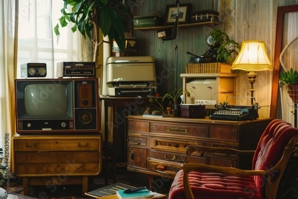 Fototapeta A living room with a TV, a typewriter, and a lamp. The room has a vintage feel to it