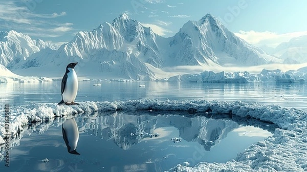 Fototapeta A glacier melting into a puddle of water with a stranded penguin conceptual illustration of the rapid ice melt and its impact on Antarctic ecosystems.