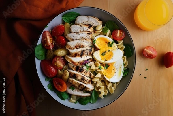 Fototapeta A bowl of food with chicken, tomatoes, and pasta. A glass of orange juice is on the table
