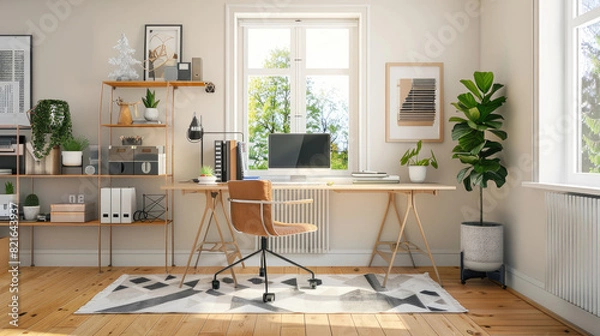 Fototapeta A cozy home office with modern decor, showcasing a peaceful workspace without any logos; ideal for marketing and advertising related to remote work