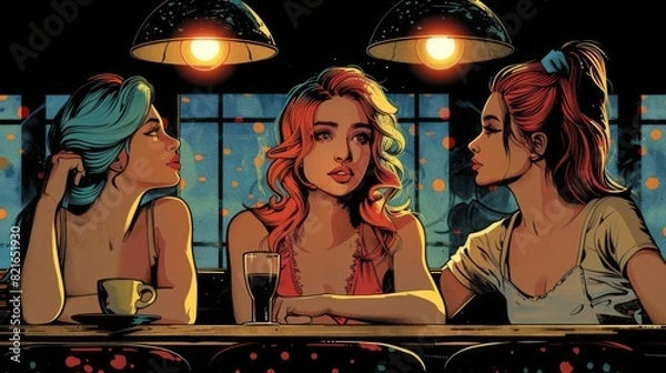 Obraz Comic book style illustration of three beautiful women sitting at a bar with drinks