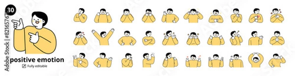 Obraz A set of 30 male characters expressing positive emotions. Simple illustration with outlines.
