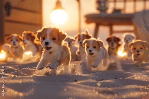 Fototapeta Adorable puppies run on the beach at sunset, creating a heartwarming scene full of joy and energy under the golden light.