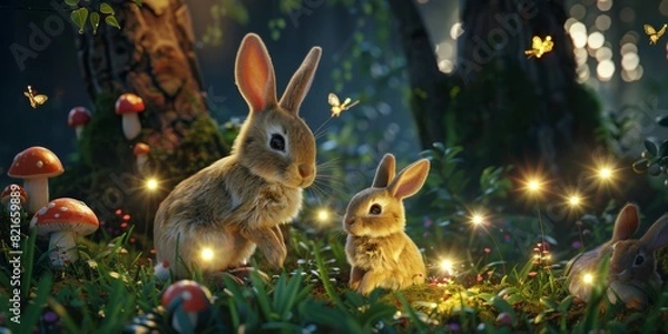 Fototapeta Adorable rabbits in a magical forest setting, surrounded by glowing fireflies and mushrooms, creating an enchanting nighttime scene.
