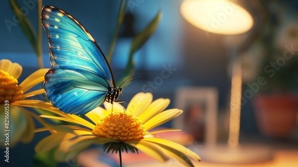 Obraz Close-up of a vibrant blue butterfly perched on a yellow daisy flower indoors, with soft lighting creating a warm, serene atmosphere.