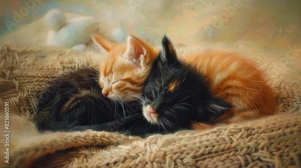 Obraz Close-up of two adorable kittens sleeping together on a cozy knit blanket with a dreamy background, exuding comfort and warmth.