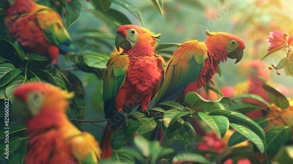 Obraz Colorful parrots perched amidst lush green leaves and vibrant flowers in a tropical setting, basking in the warm sunlight.