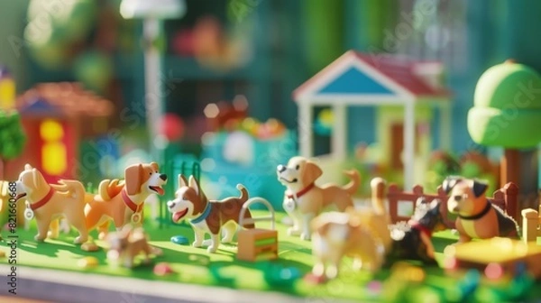 Obraz Colorful toy dog figurines in a miniature park setting with a playhouse, trees, and green grassy area, enhancing playful and creative scenery.