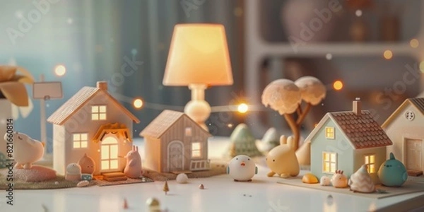 Obraz Cozy miniature village scene with illuminated houses and soft glowing lights, creating a warm and inviting atmosphere during the evening.