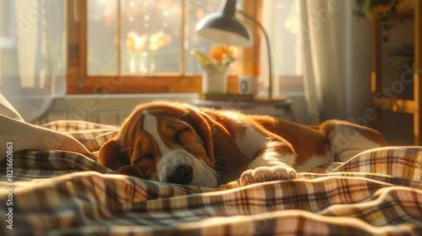 Obraz Cute beagle puppy sleeping on a cozy bed in a sunlit room with a lamp and window, capturing a peaceful and serene moment.