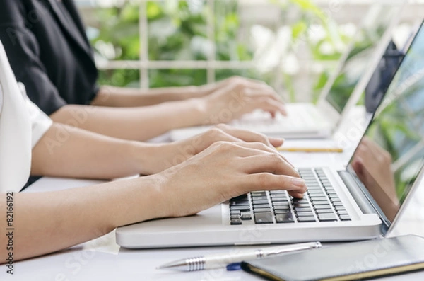 Fototapeta two business workers typing data in laptop