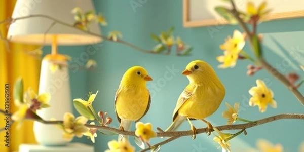 Fototapeta Two adorable yellow canaries perched on a blossoming branch in a beautifully decorated indoor space with soft, natural light.