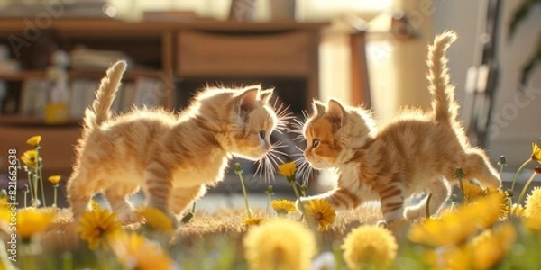 Fototapeta Two playful ginger kittens frolic among yellow flowers in a sunlit room, creating a heartwarming and joyful scene full of life and energy.
