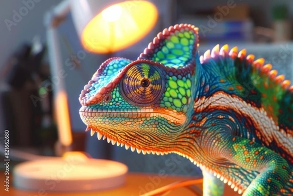 Fototapeta Vibrant chameleon basking under a lamp on a cluttered desk, showcasing its colorful, textured skin in detailed close-up.