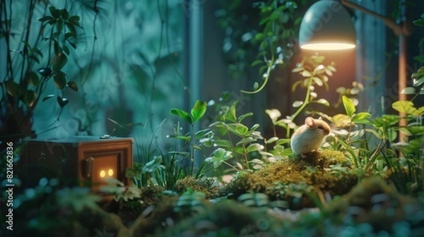 Fototapeta Whimsical scene of mouse under a lamp surrounded by lush greenery in a cozy indoor garden setting, creating a magical forest atmosphere.