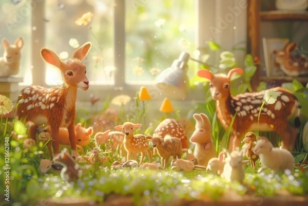 Obraz Whimsical scene with toy deer and woodland creatures in a sunlit, magical forest setting, perfect for creating nostalgic and fairytale-like visuals.