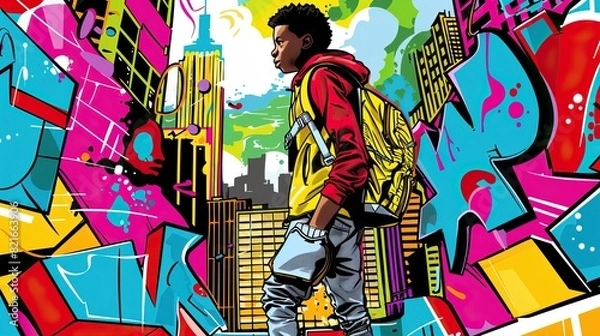 Fototapeta A vibrant graffiti-style illustration of an African American teenager in urban attire