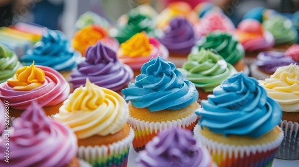 Fototapeta A close-up of colorful pride-themed cupcakes and desserts at a Pride Month celebration