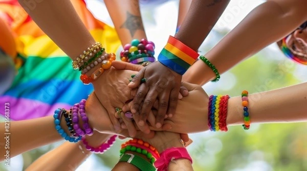 Fototapeta A group of people of different ages and backgrounds holding hands in a circle, symbolizing unity and acceptance during Pride Month