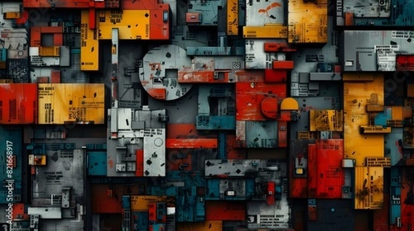Fototapeta Fragmentary Typographic Collage with Bold Layered Layouts and Architectural Backdrop in Cinematic 3D Rendering