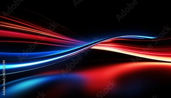 Fototapeta Abstract digital art with red and blue glowing lines flowing on a black background.