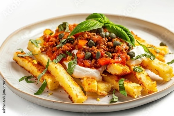 Fototapeta Crispy Polenta Poutine with Fresh Herbs and Lemon Zest