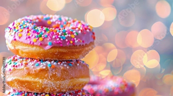 Fototapeta Three Donuts With Sprinkles Stacked