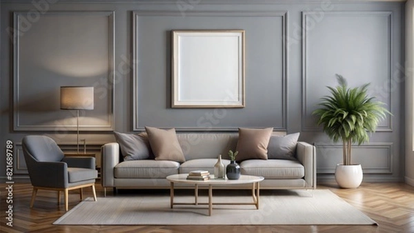 Fototapeta Living Room Frame Mockup – White Border Frame: A contemporary living room with a white border frame on a gray wall, suitable for clean and elegant artwork.
