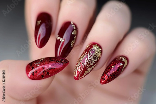 Fototapeta close up sparkling red color gel polish painting beautiful 3D rose flower decorate d with shiny rhinestone and glitter on fashionista woman long square shape acrylic fingernail