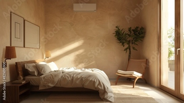 Fototapeta The bedroom has a spacious bed and a big window for natural light