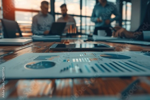 Fototapeta A group of financiers discussing investment strategies in a modern office, with detailed charts and graphs on the table, captured with high-quality, ultra-detailed photography