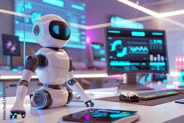 Fototapeta Futuristic robot sitting at a desk with modern technology displays in a high-tech office setting, showcasing innovation and AI advancements.