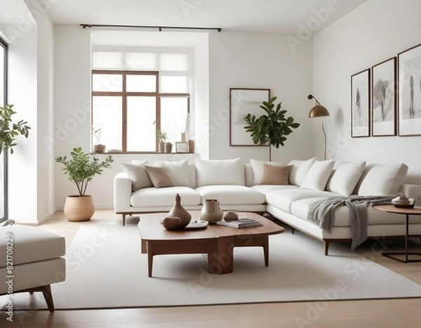 Fototapeta A modern and minimalist living room with a large white sofa, a wooden coffee table with decorative items, and a mockup wall. 3D Rendering