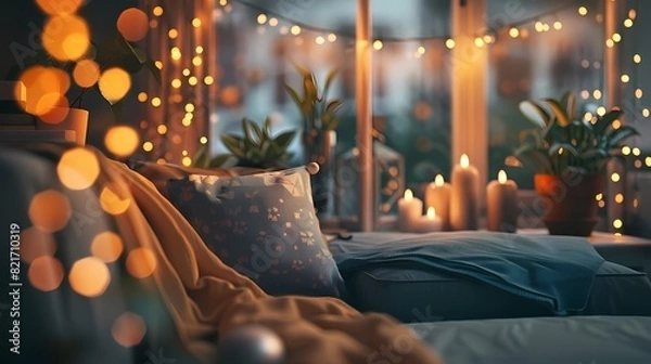 Fototapeta A cozy scene of a cozy corner in a cozy living room, with a defocused backdrop of gently glowing particles