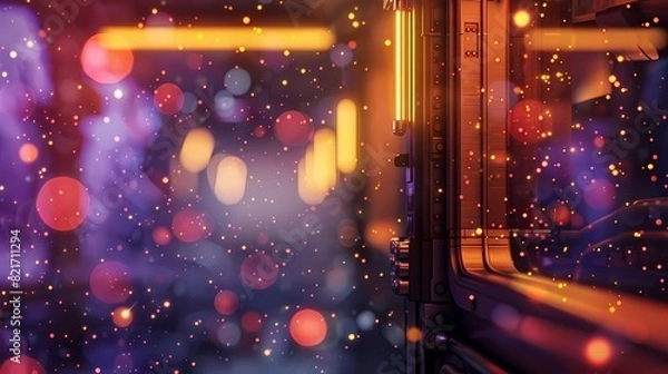 Fototapeta A cozy scene of a cozy corner in a futuristic spaceship, with a defocused backdrop of gently glowing particles
